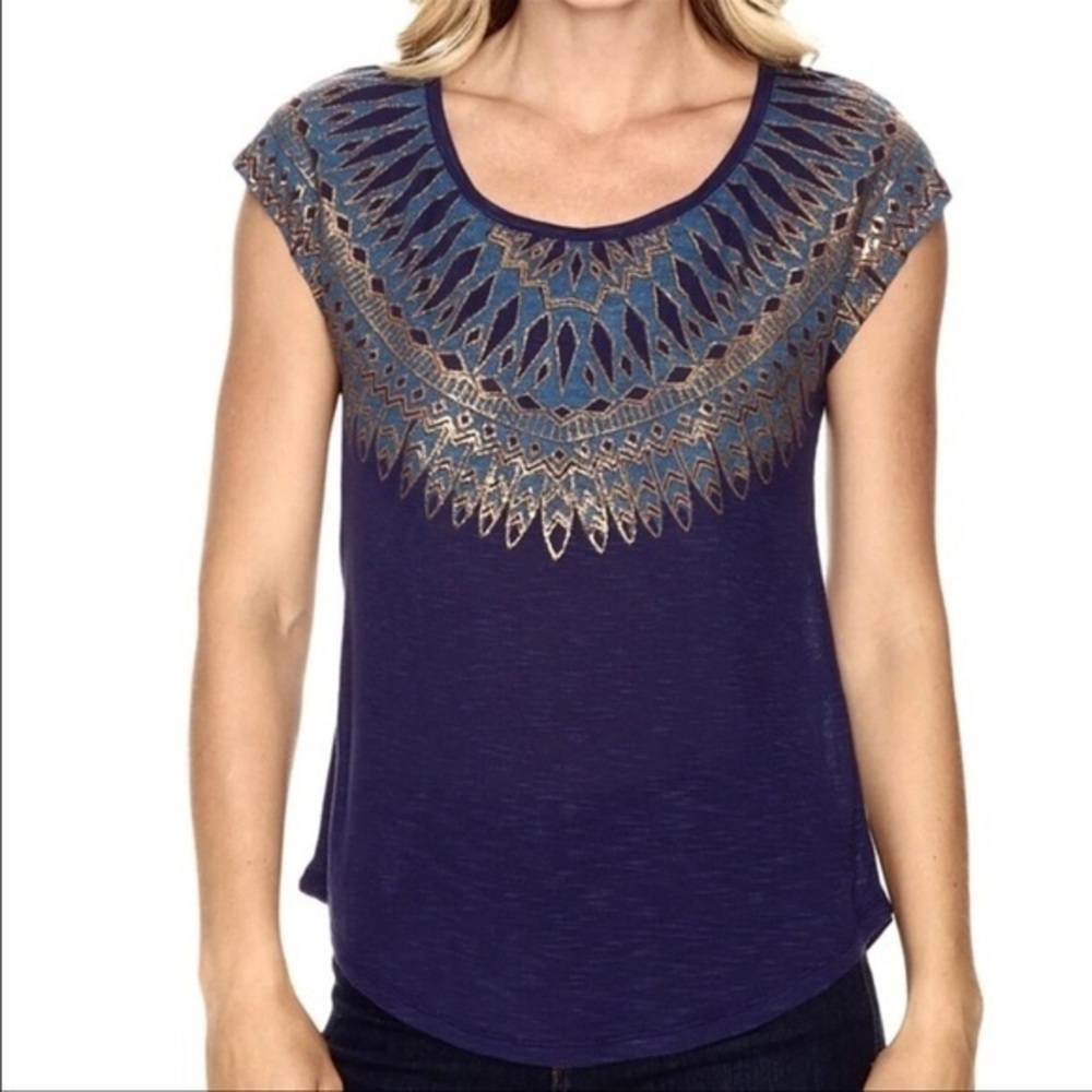 Lucky Brand Blue Metallic Gold Feather Scoop Neck Cap Sleeve Shirt Size Small